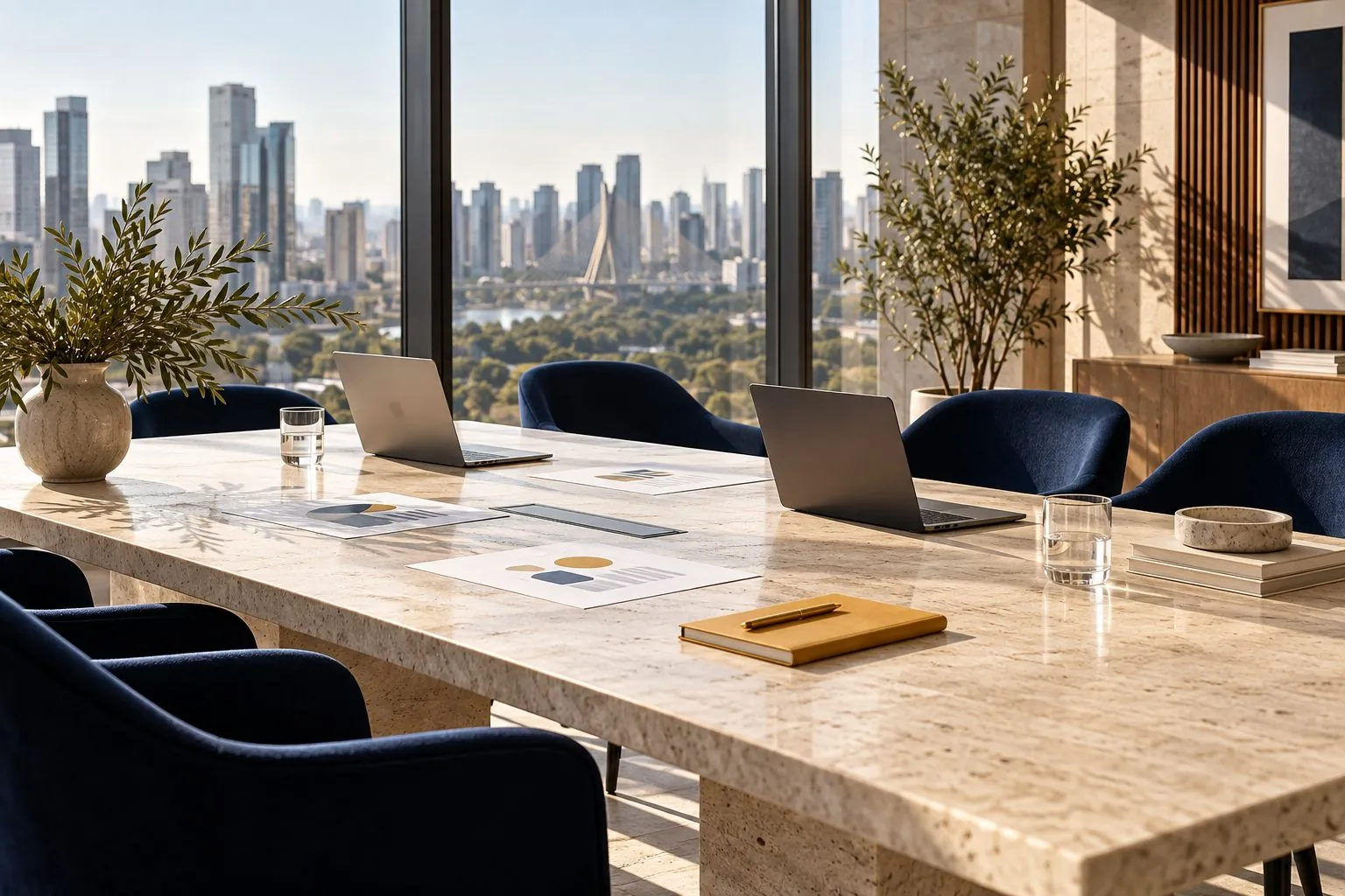 Ambiente de trabalho de consultoria, com materiais de planejamento sobre uma mesa